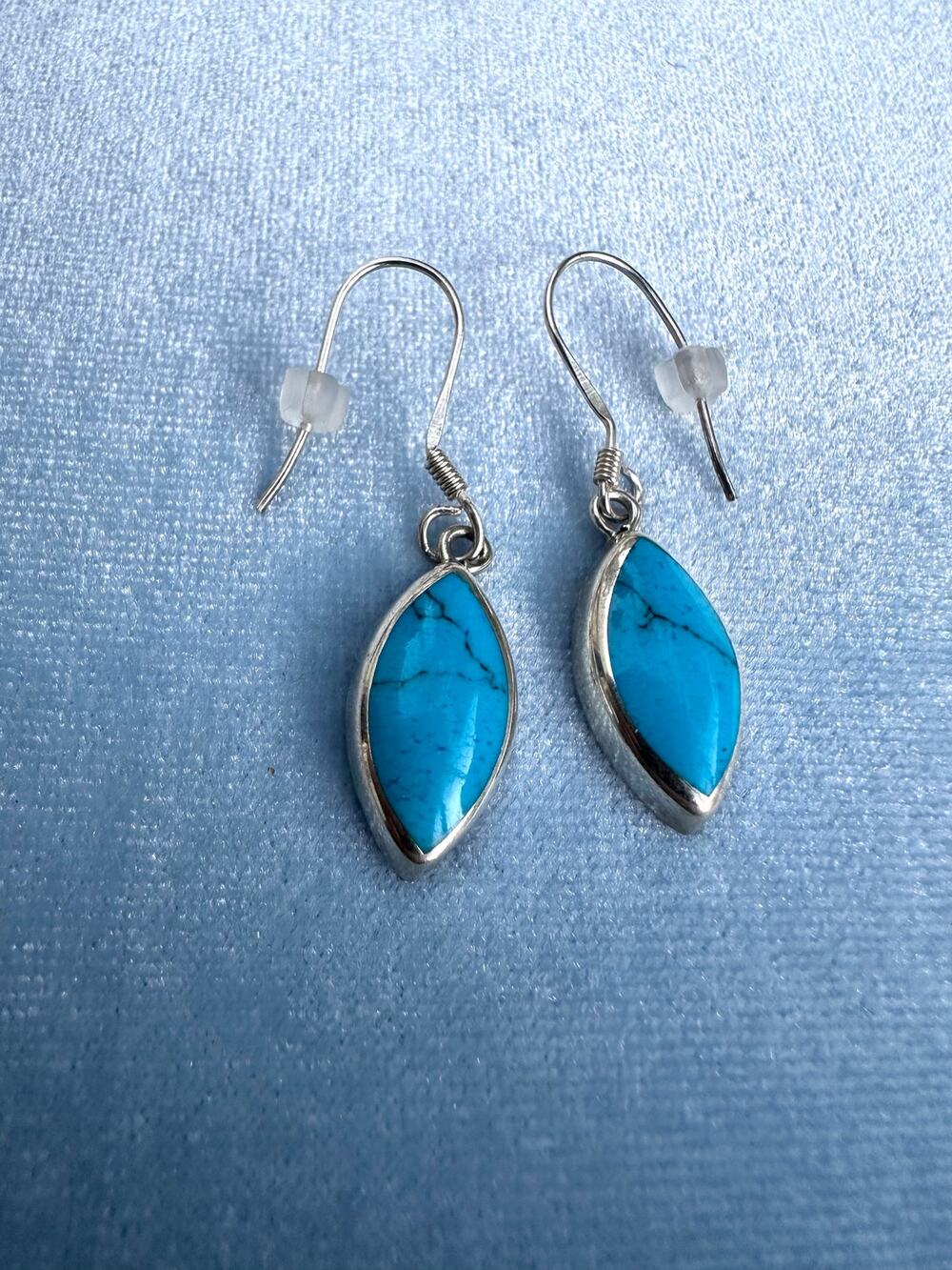 Vintage 925 Sterling Silver Turquoise Marquise Dangle Drop Earrings